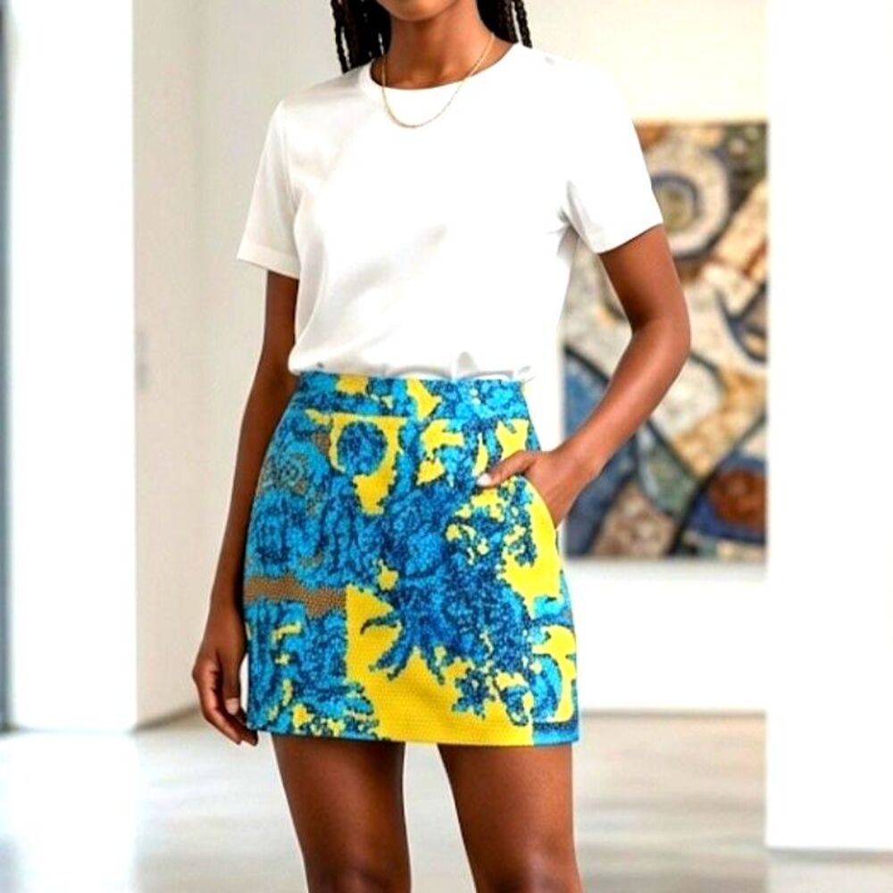 Designer look Yellow & Damask Filigree Mini Skirt - Size  US 8 - Mosaic